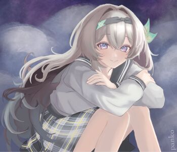 Rule 34 | 1girl, artist name, blue pupils, blush, closed mouth, collared shirt, english text, firefly (honkai: star rail), firefly (spring missive) (honkai: star rail), gradient hair, grey hair, grey hairband, grey sailor collar, grey skirt, hair between eyes, hair intakes, hair ornament, hairband, highres, honkai: star rail, honkai (series), long hair, multicolored eyes, multicolored hair, pleated skirt, sailor collar, shirt, skirt, smile, solo, upankou, white shirt