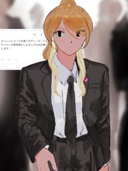 1girl bad_id bad_twitter_id black_eyes black_jacket black_necktie black_pants blazer blonde_hair blurry blurry_background blurry_foreground brown_hair closed_mouth collared_shirt cowboy_shot dark-skinned_female dark_skin formal_clothes gradient_hair highres idolmaster idolmaster_shiny_colors izumi_mei jacket jiro_26 long_hair long_sleeves looking_at_viewer multicolored_hair necktie open_clothes open_jacket pants people ponytail request_inset shirt sidelocks standing suit translation_request white_shirt