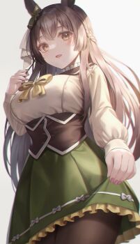 animal_ears blush bow braid brown_eyes brown_hair clothes_lift fingernails frills green_skirt hair_between_eyes half_up_braid half_updo hibimaru highres horse_ears lifting_own_clothes long_hair nail_polish open_mouth pantyhose pink_nails satono_diamond_(umamusume) simple_background skirt skirt_lift solo tongue umamusume white_background white_bow yellow_bow