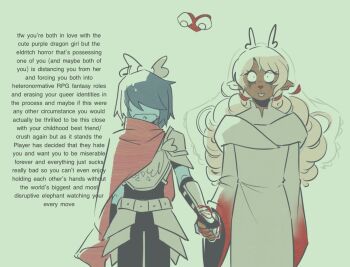 1girl 1other armor black_unitard blonde_hair blue_hair blue_skin cape cherriinie colored_skin commentary curly_hair deltarune english_commentary english_text frown head_wings holding_hands kris_(deltarune) long_hair red_cape robe short_hair side_cape soul_(deltarune) utdr_(toby_fox) vambraces weird_route_(deltarune) white_robe white_wings wide_sleeves wings