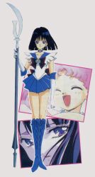 Rule 34 | 1990s (style), 2girls, absurdres, artist name, bishoujo senshi sailor moon, bishoujo senshi sailor moon s, black bow, black hair, boots, bow, chibi usa, choker, cone hair bun, cowboy shot, crescent, crescent earrings, double bun, earrings, elbow gloves, glaive (polearm), gloves, hair bun, hair ornament, hairpin, happy, highres, holding, holding hands, holding weapon, jewelry, knee boots, looking at viewer, magical girl, miniskirt, multicolored background, multiple girls, multiple views, official art, open mouth, pink footwear, pink hair, pleated skirt, polearm, purple eyes, purple skirt, red eyes, retro artstyle, sailor collar, sailor saturn, sailor senshi, sailor senshi uniform, scan, short hair, simple background, skirt, smile, standing, tamegai katsumi, tiara, tomoe hotaru, weapon, white gloves
