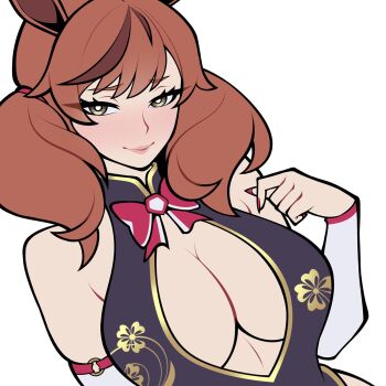 1girl alternate_breast_size_(larger) animal_ears bare_shoulders black_dress blush bow bowtie breasts brown_eyes brown_hair china_dress chinese_clothes cleavage cleavage_cutout clothing_cutout detached_sleeves dress ear_bow eyelashes floral_print highres horse_ears horse_girl large_breasts lips looking_at_viewer medium_hair multicolored_hair nice_nature_(umamusume) nose ochii1 red_bow red_bowtie red_nails simple_background skindentation sleeveless sleeveless_dress smile solo streaked_hair twintails umamusume unfinished upper_body white_background white_sleeves