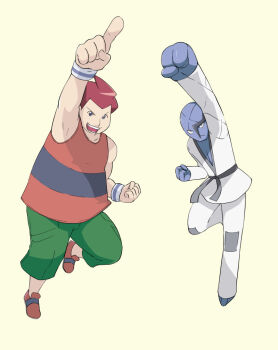 arm_up clenched_hands gen_5_pokemon jumping kijouyu nintendo open_mouth pointing pokemon pokemon_(anime) pokemon_bw sawk stephan_(pokemon)