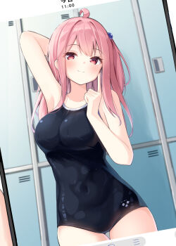1girl ahoge arm_up armpits black_one-piece_swimsuit blush breasts closed_mouth collarbone commentary_request cowboy_shot hand_up highres large_breasts long_hair looking_at_viewer ominaeshi_(takenoko) one-piece_swimsuit original pink_hair red_eyes smile solo swimsuit