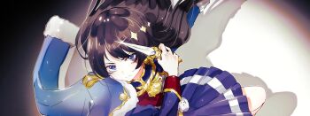 1girl 99a_2901 :| aiguillette black_hair blue_eyes blue_jacket blue_skirt caliculus_bright_(dagger) closed_mouth collared_jacket commentary_request dagger epaulettes feet_out_of_frame floating floating_hair floating_object fur-trimmed_jacket fur_trim glint hand_up holding holding_dagger holding_knife holding_weapon jacket jacket_on_shoulders kagura_hikari knife korean_commentary long_hair long_sleeves looking_at_viewer lying on_side pleated_skirt red_sash sash shadow shoujo_kageki_revue_starlight shoulder_sash single_horizontal_stripe skirt solo sparkle_hair_ornament spotlight striped_clothes striped_skirt stuffed_animal stuffed_toy tassel teddy_bear v-shaped_eyebrows weapon