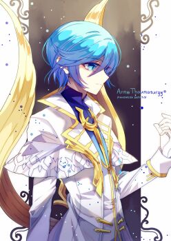 1boy ainchase_ishmael arme_thaumaturgy_(elsword) artist_name athria blue_eyes blue_hair character_name chinese_commentary closed_mouth coat commentary_request cowboy_shot dated elsword expressionless frown gloves gold_trim hair_between_eyes hand_up highres long_sleeves looking_at_hand male_focus pants short_hair solo vest white_coat white_gloves white_pants white_vest
