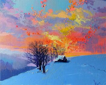 acrylic_paint_(medium) anastasia_trusova bare_tree cloud cloudy_sky evening footprints house original outdoors painting_(medium) scenery sky snow traditional_media tree winter