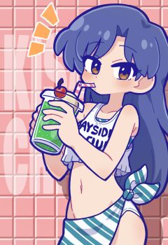 1girl bare_arms bikini blue_hair brown_eyes cherry collarbone cup drinking drinking_straw drinking_straw_in_mouth fis_(t83192933) food fruit gravure_swimsuit_(idolmaster) highres holding holding_cup ice_cream ice_cream_float idolmaster idolmaster_(classic) jewelry kisaragi_chihaya long_hair looking_at_viewer melon_soda navel official_alternate_costume sarong solo stomach swimsuit upper_body