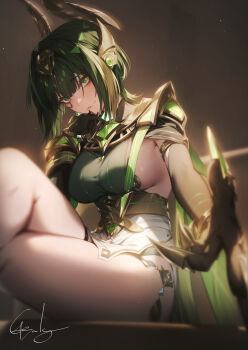 1girl black_gloves breasts claws closed_mouth crossed_legs elbow_gloves genshin_impact genyaky gloves green_eyes green_hair headpiece highres large_breasts looking_at_viewer mark_under_eye nefer_(genshin_impact) short_hair sideboob signature simple_background sitting smile solo thighs