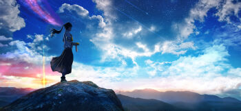 Rule 34 | 1girl, black hair, closed eyes, cloud, cloudy sky, commentary request, floating hair, fog, highres, iwato suzume, long hair, long skirt, morning, mountain, mountainous horizon, outdoors, pleated skirt, ponytail, revision, scenery, shiitake kaden, shirt, shooting star, short sleeves, skirt, sky, solo, standing, star (sky), starry sky, sun glare, sunrise, suzume's chair, suzume no tojimari, white shirt, wide shot