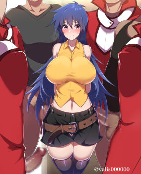 1girl 6+boys aged_down alternate_breast_size_(larger) arms_behind_back artist_name bare_shoulders belt black_shorts black_thighhighs blue_hair blush breasts brown_belt censored dark-skinned_male dark_skin dot_nose embarrassed feet_out_of_frame forced_smile gangbang grin group_sex hetero indoors interracial large_breasts large_variant_set legs_together long_hair looking_at_another looking_to_the_side mosaic_censoring multiple_boys nervous nervous_smile orange_shirt penis purple_eyes saotome_rei shirt shorts sideways_glance skindentation sleeveless sleeveless_shirt smile solo_focus standing straight-on straight_hair surrounded teeth testicles thighhighs variant_set watermark wide_hips yu-gi-oh! yu-gi-oh!_gx yuki-chan-san_(valis00000)