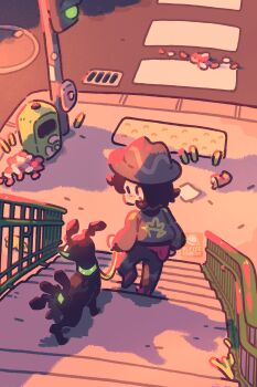 1boy black_hair black_jacket commentary crosswalk dog english_commentary gen_6_pokemon green_jacket highres holding holding_leash jacket leash legendary_pokemon litter multicolored_jacket nintendo paxton_(pokemon) pet_walking petite_echorizon pokemon pokemon_(creature) pokemon_legends:_z-a sidewalk stairs stone_stairs striped_hat two-tone_jacket zygarde zygarde_(10)