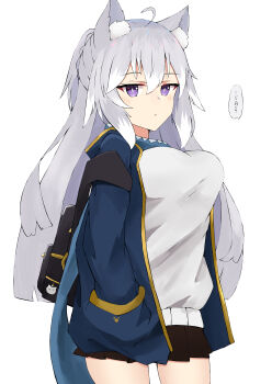 1girl absurdres ahoge animal_ear_fluff animal_ears backpack bag black_skirt blue_jacket blush breasts closed_mouth commentary_request cowboy_shot grey_hair hair_between_eyes hand_in_pocket highres jacket long_hair long_sleeves medium_breasts multicolored_hair nyaha open_clothes open_jacket original pleated_skirt puffy_long_sleeves puffy_sleeves purple_eyes simple_background skirt solo streaked_hair sweater translated very_long_hair white_background white_hair white_sweater
