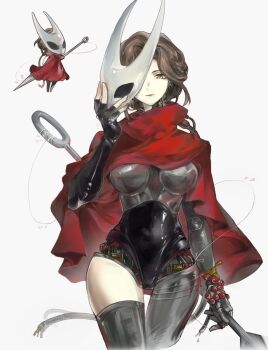 1girl absurdres black_gloves brown_hair cloak cosplay crossover gloves highres hiru315 holding holding_weapon hollow_knight hollow_knight:_silksong horned_mask hornet_(hollow_knight) hornet_(hollow_knight)_(cosplay) joints lucy_(reverse:1999) mask mechanical_arms needle_sword red_cloak reverse:1999 robot robot_joints short_hair simple_background solo weapon white_background white_mask yellow_eyes