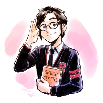 1boy billy_batson black_hair blue_eyes book collared_shirt dc_comics holding holding_book long_sleeves looking_at_viewer male_focus necktie sen_(sen69) shazam shirt sidelocks smile solo young_justice