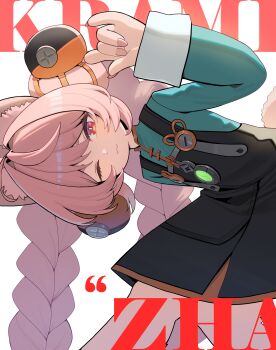 1girl ;3 absurdres bent_over braid character_name closed_mouth commentary furry furry_female highres long_hair looking_at_viewer one_eye_closed oro_(lsg0624) pink_hair red_eyes simple_background solo standing twin_braids white_background zenless_zone_zero zhao_(zenless_zone_zero)