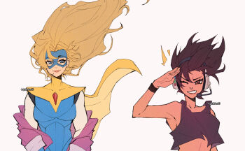 2girls artist_name bare_shoulders blonde_blazer blonde_hair blue_eyes blue_mask borrowed_clothes breasts brown_hair cape crop_top dispatch face_piercing gem headphones headset highres invisigal jacket lipstick looking_at_viewer makeup medium_breasts medium_hair microphone multiple_girls nose_piercing nose_ring one_eye_closed piercing pink_jacket red_gemstone salute simple_background sleeveless superhero_costume upper_body white_background wokiiarts yellow_cape