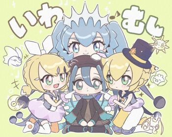 Rule 34 | 1boy, 3girls, aurorus, black hat, black pantyhose, blonde hair, blue eyes, blue hair, bug miku (project voltage), commentary request, dual persona, eyelashes, gen 3 pokemon, gen 4 pokemon, gen 5 pokemon, gen 6 pokemon, green eyes, grey necktie, hat, hatsune miku, highres, kagamine len, kagamine rin, kneeling, kricketune, lunatone, multiple girls, murase (muraselelait), necktie, nintendo, pants, pantyhose, pointing, pokemon, project voltage, rock miku (project voltage), sewaddle, solrock, thighhighs, top hat, translation request, twintails, vocaloid
