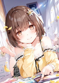 1girl barefoot brown_eyes brown_hair commentary_request crossed_ankles dutch_angle english_text feet feet_up kayo_(miyase_mahiro) light_blush looking_at_viewer lying miyase_mahiro on_stomach open_magazine original short_hair smile solo the_pose