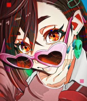 1girl aqua_nails ayase_momo bow bowtie brown_eyes brown_hair close-up closed_mouth commentary crossed_bangs dandadan davoxime earrings eyelashes hair_ornament hairclip hand_on_own_chin heart heart-shaped_eyewear highres jewelry lips long_sleeves looking_at_viewer nail_polish pink-framed_eyewear pink_lips pink_sweater red_bow red_bowtie shirt shirt_under_sweater short_hair solo sunglasses sweater thick_eyebrows upper_body white_shirt wing_collar