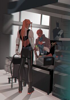 1boy artemis_of_bana-mighdall barcode_scanner bat_signal batman batman_(series) batman_symbol black_bodysuit black_gloves bodysuit brown_jacket cash_register cashier commentary convenience_store counter dc_comics english_commentary gloves grey_bodysuit height_difference highres jacket jason_todd maple_dc mask meme money multicolored_bodysuit muscular muscular_male open_clothes pants photo-referenced red_hood_(dc) red_hood_and_the_outlaws red_mask shop shopping shopping_cart superhero_costume tall_female tall_lady_shopping_in_japanese_store_(meme) taut_bodysuit two-tone_bodysuit wonder_woman_(series)