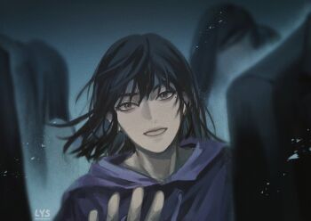 1girl :d aegyo_sal asamanemo black_hair blurry blurry_background bob_cut commentary computer english_commentary grin han_sooyoung highres hood hood_down hoodie mole mole_under_eye omniscient_reader's_viewpoint open_mouth outstretched_hand people purple_hoodie reaching reaching_towards_viewer short_hair smile upper_body