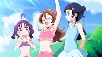 3girls absurdres aokaze_nana bikini blue_hair blue_one-piece_swimsuit blush brown_hair casual_one-piece_swimsuit closed_eyes day hair_bun hair_ornament hairband highres kimi_to_idol_precure long_hair multiple_girls navel one-piece_swimsuit open_mouth outdoors pink_bikini precure purple_bikini purple_eyes purple_hair sakura_uta_(precure) shigure_kokoro smile swimsuit swimsuit_skirt tirofinire tree twintails upper_body