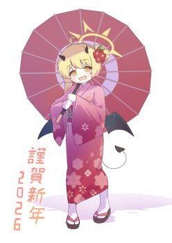 1girl 2026 :d black_horns black_tail black_wings blonde_hair blue_archive demon_girl demon_horns demon_tail demon_wings floral_print floral_print_kimono flower full_body hair_bun hair_flower hair_ornament halo happy_new_year highres holding holding_umbrella horns ibuki_(blue_archive) japanese_clothes kimono mottata new_year oil-paper_umbrella okobo open_mouth platform_sandals print_kimono red_kimono red_umbrella sandals single_side_bun smile socks solo standing tabi tail translation_request umbrella white_socks wings yellow_eyes yellow_halo