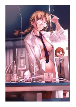 2girls beaker braid brown_hair coke-bottle_glasses comic_megastore convenient_censoring erlenmeyer_flask flask glasses highres holding holding_test_tube indoors lab_coat long_hair long_sleeves multiple_girls naked_lab_coat navel necktie nishieda opaque_glasses original page_number plaid_clothes plaid_necktie plaid_neckwear plaid_skirt round-bottom_flask skirt standing table test_tube twin_braids