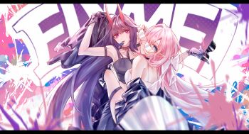 2girls absurdres blue_eyes breasts chinese_commentary coat commentary_request elf elysia_(honkai_impact) highres holding holding_coat holding_removed_eyewear holding_unworn_clothes homula9 honkai_(series) honkai_impact_3rd large_breasts letterboxed long_hair looking_at_viewer multiple_girls pink_hair pointy_ears purple_eyes purple_hair purple_tank_top raiden_mei raiden_mei_(herrscher_of_thunder) ship_name sunglasses tank_top thigh_strap thighs unworn_coat unworn_eyewear very_long_hair white_tank_top yuri