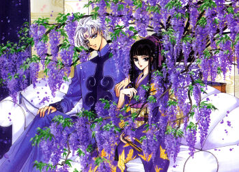 1boy 1girl alternate_hairstyle black_hair clamp facial_mark flower hand_on_own_knee highres japanese_clothes kimono kishuu_arashi long_hair nataku obi official_art ponytail purple_theme sash sitting white_hair wisteria x/1999 x_(manga)