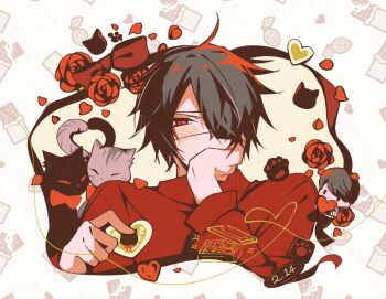 Rule 34 | 1boy, animal, black cat, black hair, bow, candy, cat, character doll, chocolate, chocolate heart, commentary, covering own mouth, dated, doll, flower, food, grey cat, hair over one eye, hand over own mouth, heart, heart-shaped food, highres, holding, holding chocolate, holding food, implied yaoi, long sleeves, looking at viewer, male focus, ooe (game), oosaki (ooe), petals, red bow, red eyes, red flower, red petals, red ribbon, red shirt, ribbon, shinbashi (ooe), shirt, short hair, solo, untranslatable commentary, valentine, yituo tusi