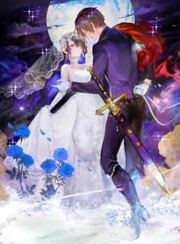 1boy 1girl absurdres arm_behind_back black_boots black_legwear blue_eyes blue_flower blue_hair blue_rose boots brown_hair chibi_(shimon) closed_mouth cloud cloudy_sky dancing dress earrings flower gloves hair_between_eyes highres holding jewelry makeup moon multicolored_hair night night_sky official_art oscar_(unnamed_memory) outdoors petals rose scabbard see-through_clothes sheath sky smile smoke star_(sky) star_(symbol) sword tinasha_(unnamed_memory) unnamed_memory veil weapon wedding_dress white_dress white_gloves