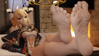 absurdres barefoot blush foot_tease genshin_impact happy highres jean_(genshin_impact) leaning_forward sitting smile spread_legs