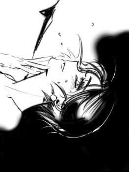 1girl alien_stage chinese_commentary commentary earrings greyscale hand_on_own_chin head_back highres jewelry mijiang_47 monochrome short_hair sideways solo sua_(alien_stage)