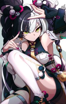 1girl absurdres armpits bare_shoulders black_hair braid breasts detached_sleeves dialyn_(zenless_zone_zero) highres long_hair looking_at_viewer medium_breasts multicolored_hair mutsu_aya purple_nails solo split-color_hair thighhighs thighs twin_braids white_hair white_thighhighs yellow_eyes zenless_zone_zero