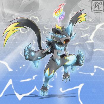 absurdres animal_ears animal_nose black_fur blue_claws blue_eyes blue_fur body_fur cat claws electricity fangs furry gen_7_pokemon glowing glowing_eyes highres horns legendary_pokemon mega_evolution_symbol mega_pokemon mega_zeraora mythical_pokemon nintendo open_mouth pokemon pokemon_(creature) rcortezdraws single_horn spikes two-tone_fur v-shaped_eyes whiskers yellow_trim zeraora