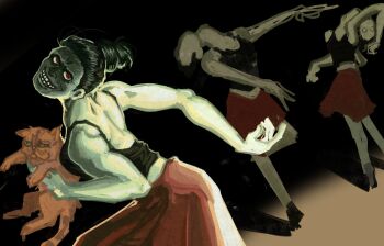 1girl animal ballerina black_hair black_tank_top body_horror cat cat_(no_i&#039;m_not_a_human) cat_lady_(no_i&#039;m_not_a_human) grin highres holding holding_animal horror_(theme) looking_at_viewer muscular muscular_female myxineye no_i&#039;m_not_a_human red_eyes red_skirt short_hair skirt smile tank_top teeth unfinished