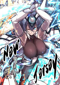 1girl absurdres armpits arms_up azur_lane blue_eyes blue_hair breasts character_name closed_mouth crossed_bangs elbow_gloves gloves highres large_breasts looking_at_viewer new_jersey_(azur_lane) one_eye_closed oriue_wato rigging smile solo white_gloves