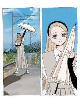 1girl arm_up black_hairband blonde_hair blue_eyes blue_sky border closed_mouth cloud commentary_request day dress fuyuki_manon_(gomibako_(gomibako_price)) gloves gomibako_(gomibako_price) grass grey_dress hairband highres holding holding_umbrella layered_sleeves long_dress long_hair long_sleeves looking_at_viewer mountainous_horizon multiple_views original outdoors overhead_line parasol pinafore_dress pink_gloves pleated_dress railing railroad_tracks shirt shoes short_over_long_sleeves short_sleeves sky sleeveless sleeveless_dress smile swept_bangs train_station_platform umbrella white_border white_shirt white_shoes