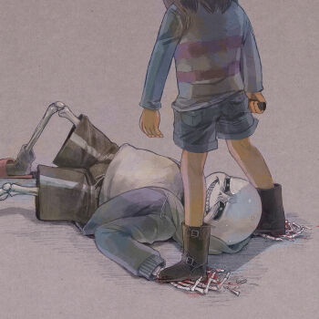 2others anminshing arms_up black_boots black_shorts blood blood_on_ground blood_on_hands blood_on_shoes blue_hoodie blue_shorts blue_sweater boots broken_bone broken_finger brown_hair clenched_teeth commentary_request defeat facing_another frisk_(undertale) grey_background hands_on_ground holding holding_knife hood hoodie injury knee_up knife looking_at_another looking_up lying multiple_others on_back open_clothes open_hoodie out_of_frame pink_slippers pinned sans_(undertale) shirt shorts skeleton slippers standing_on_another&#039;s_hand striped_clothes striped_sweater sweatdrop sweater teeth undertale utdr_(toby_fox) white_shirt