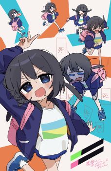 :d absurdres ahoge bag black_hair black_jacket blue_eyes blue_jacket bouen chibi commentary_request highres hood hood_down jacket long_sleeves multiple_girls open_mouth original shirt shoes short_hair shorts skirt sleeves_past_wrists smile standing white_shirt