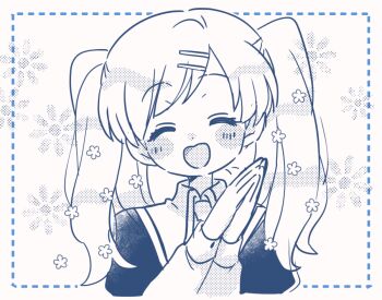 Rule 34 | 1girl, blush stickers, closed eyes, copyright request, facing viewer, flower, hair flower, hair ornament, hairclip, happy, long hair, long sleeves, monochrome, open mouth, own hands together, school uniform, solo, tsunoji, twintails, upper body