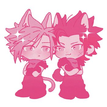 Rule 34 | 2boys, :3, animal ears, armor, black boots, black gloves, black hair, black pants, blonde hair, boots, braid, cat boy, cat ears, cat tail, chibi, chibi only, cloud strife, commentary, cross scar, crossed arms, dog boy, dog ears, dog tail, earrings, facial scar, final fantasy, final fantasy vii, gloves, highres, ht8207, jewelry, kemonomimi mode, looking at another, male focus, medium hair, multiple boys, pants, pauldrons, pink theme, scar, scar on cheek, scar on face, short hair, shoulder armor, sideburns, single braid, single earring, single pauldron, spiked hair, suspenders, symbol-only commentary, tail, white background, zack fair