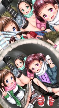 6+girls absurdres ass backpack bag before_and_after black_hair blue_eyes blue_scarf blush blush_stickers brown_hair building cameltoe censored cleft_of_venus clothes_pull exhibitionism faceless faceless_female fat_mons female_focus flashing flat_chest grass green_eyes hi-geepon hiding highres huge_filesize leg_lift legs_up loli looking_at_viewer loose_socks multiple_girls nipples no_bra no_panties open_clothes open_mouth open_shirt outdoors panties panty_pull pantyhose pink_eyes pink_scarf plaid_clothes plaid_skirt public_indecency pussy randoseru red_hair scarf see-through_clothes short_hair short_twintails shorts shorts_pull skirt smile socks split_screen spread_legs striped thighhighs third-party_edit twintails underwear upskirt v white_scarf