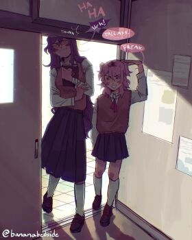 2girls adapted_costume black_shoes blue_skirt blush book brown_sweater_vest bumping_head collared_shirt commentary doki_doki_literature_club door doorway english_commentary english_text eyelashes full_body hand_up height_difference highres holding holding_book injury kneehighs laughing long_hair long_skirt long_sleeves multiple_girls natsuki_(doki_doki_literature_club) neck_ribbon one_eye_closed poster_(object) purple_hair rayne_(bananabedside) red_ribbon ribbon school_uniform shadow shirt shoes skirt smile socks sound_effects speech_bubble standing sweat sweater_vest tile_floor tiles twitter_username white_shirt white_socks yuri_(doki_doki_literature_club)