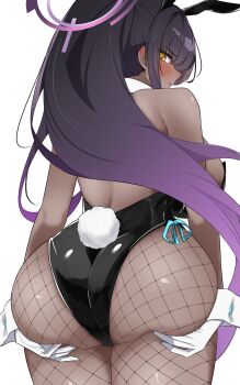 1girl absurdres animal_ears ass black_hair black_leotard blue_archive commentary_request dark-skinned_female dark_skin fake_animal_ears fake_tail fishnet_pantyhose fishnets from_behind gradient_hair halo highres karin_(blue_archive) karin_(bunny)_(blue_archive) leotard long_hair looking_at_viewer looking_back multicolored_hair official_alternate_costume pantyhose purple_hair purple_halo rabbit_ears rabbit_tail simple_background solo suga_kiiha tail white_background yellow_eyes