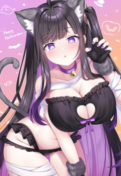 animal_costume animal_ears bandage_on_leg bandage_on_thigh bandaged_arm bandaged_leg bandages bell black_bra black_gloves black_hair black_panties blush bra cat_costume cat_ears cat_tail chitose_(stella_sora) cleavage_cutout clothing_cutout collar colored_inner_hair fingerless_gloves frilled_panties frills fur_wrist_cuffs gloves halloween heart_cutout highres long_hair mole mole_under_eye multi-strapped_panties multicolored_hair neck_bell one_side_up panties parted_lips purple_hair purple_nails purple_ribbon ribbon sidelocks stella_sora tail underwear very_long_hair wrist_cuffs yomogi_(becr)