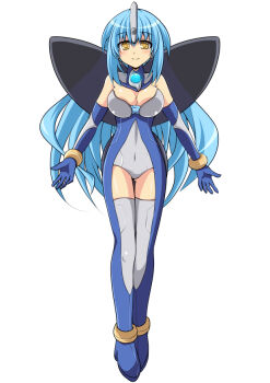1girl ankle_band blue_bodysuit blue_footwear blue_gloves blue_hair blush bodysuit boots breasts butterfly_wings cleavage color_timer cosmo_pluck cross_(crossryou) gloves grey_bodysuit grey_footwear grey_gloves headpiece insect_wings large_breasts long_hair looking_at_viewer personification smile standing thigh_boots thighhighs ultra_series ultraman_cosmos ultraman_cosmos_(series) white_background wings wristband yellow_eyes