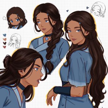 1girl aged_up avatar_legends beads blue_dress blue_eyes breasts brown_hair chibi chococurrent commentary dark-skinned_female dark_skin dress english_commentary eyelashes hair_beads hair_ornament highres katara light_smile long_hair looking_at_viewer multiple_views pendant_choker short_sleeves simple_background small_breasts very_long_hair white_background